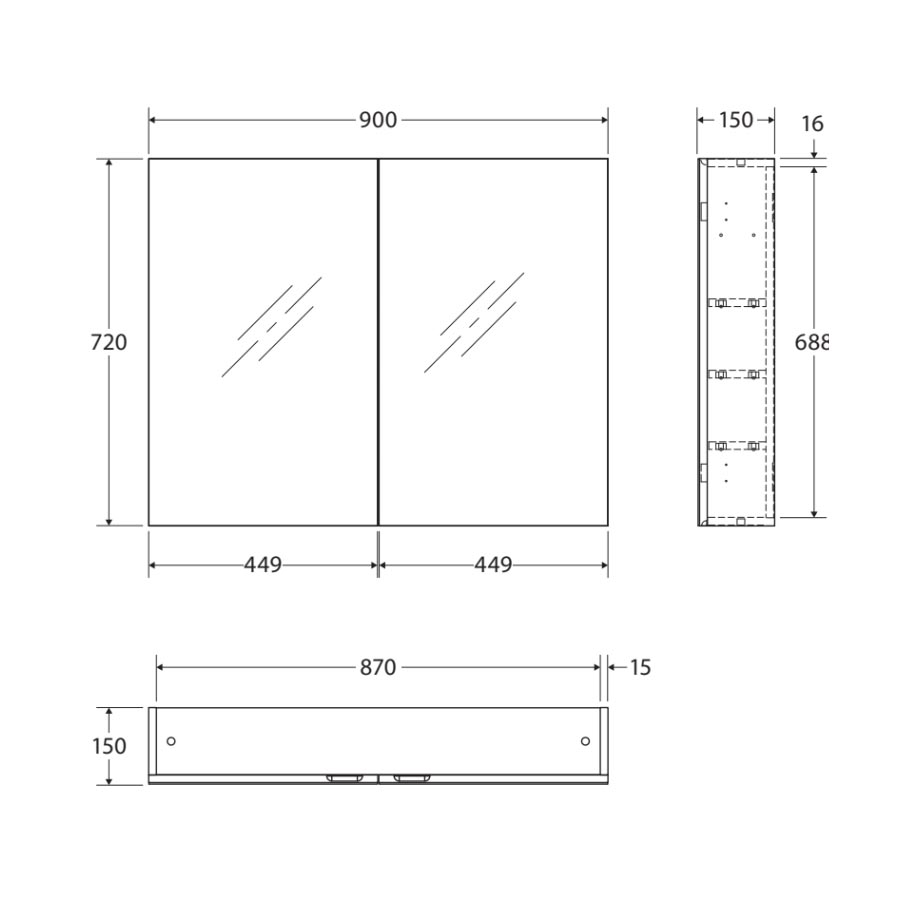 Fienza Pencil Edge 900 Mirror Cabinet PSH900_SPEC